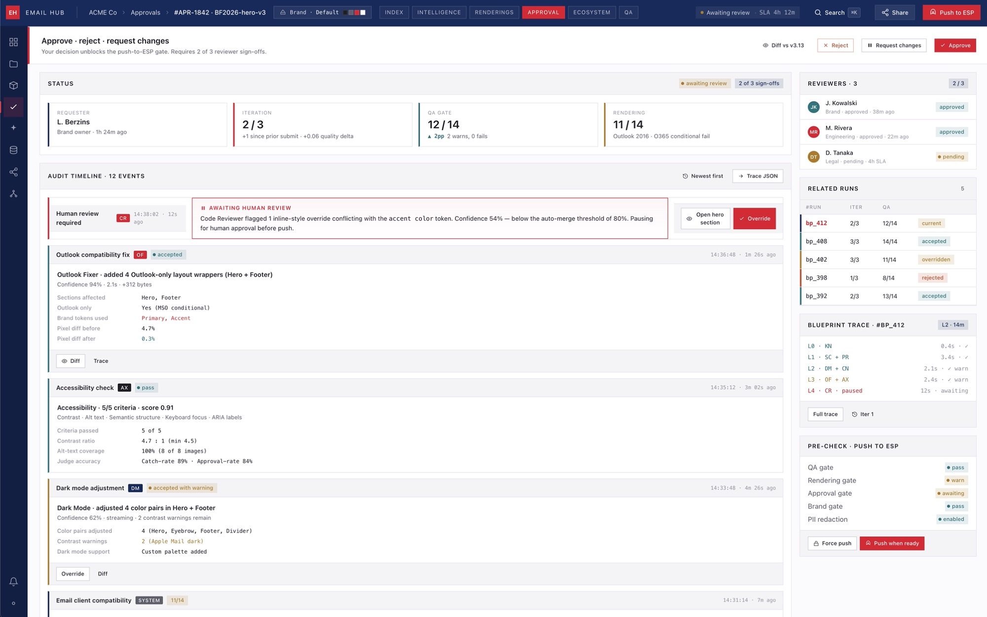 Human-in-the-loop approval and audit trail screen from the email-hub platform